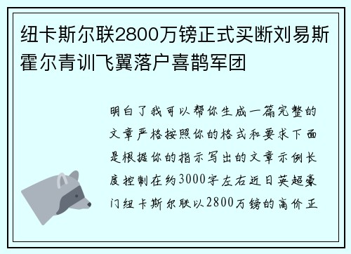 纽卡斯尔联2800万镑正式买断刘易斯霍尔青训飞翼落户喜鹊军团