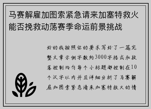 马赛解雇加图索紧急请来加塞特救火能否挽救动荡赛季命运前景挑战