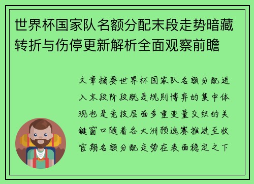 世界杯国家队名额分配末段走势暗藏转折与伤停更新解析全面观察前瞻