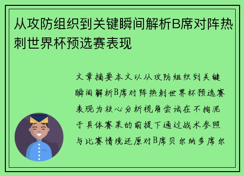 从攻防组织到关键瞬间解析B席对阵热刺世界杯预选赛表现 从攻防组织到关键瞬间解析B席对阵热刺世界杯预选赛表现