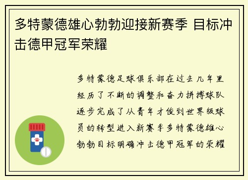多特蒙德雄心勃勃迎接新赛季 目标冲击德甲冠军荣耀