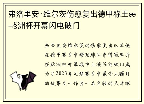 弗洛里安·维尔茨伤愈复出德甲称王欧洲杯开幕闪电破门