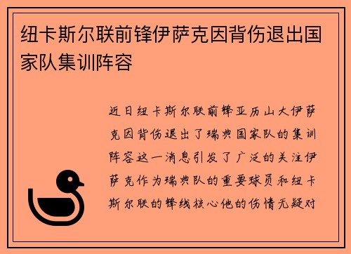 纽卡斯尔联前锋伊萨克因背伤退出国家队集训阵容 纽卡斯尔联前锋伊萨克因背伤退出国家队集训阵容